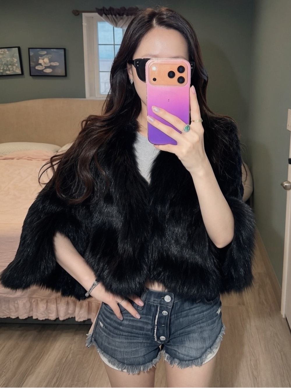 Vintage Black Rabbit Fur Knit Jacket Raccoon Fur Trim Cropped XS/S